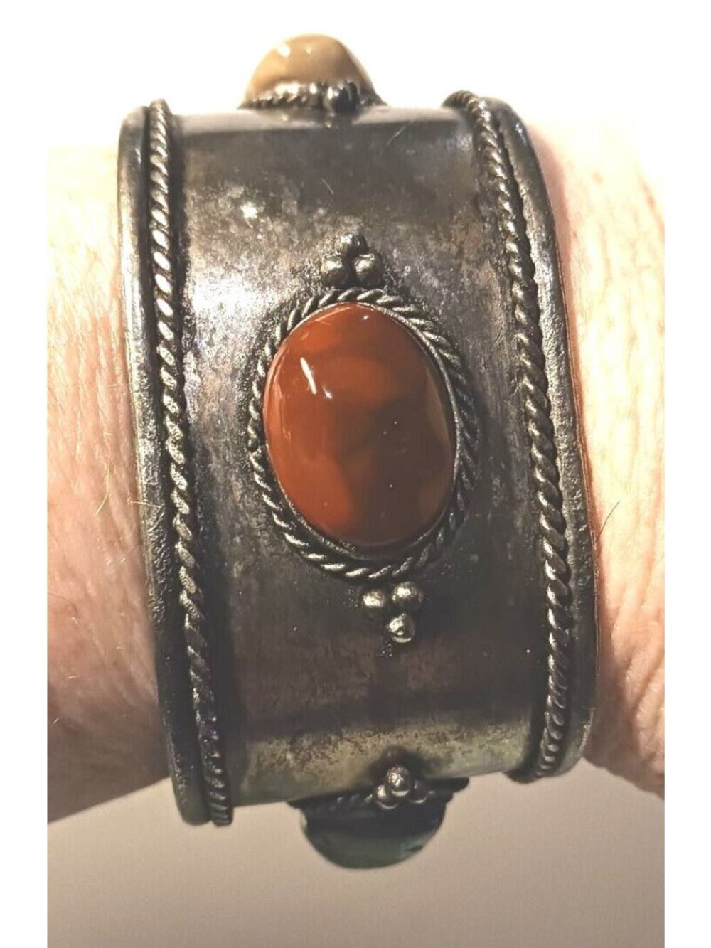 SilverTone 3 Inlay Stone Open Cuff Bracelet 1.3/8in Wide Western Turkish VTG#J10